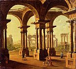 Classical Canvas Paintings - Cappricio Of Roman Ruins with Classical Figures